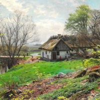 Monsted Peder Summer Day With Children Playing Behind A Thatched Farm 1924
