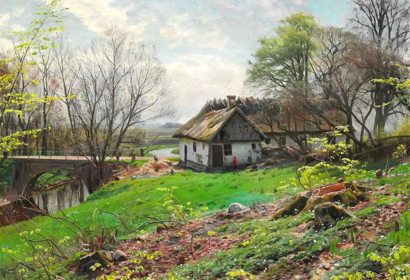 Monsted Peder Summer Day With Children Playing Behind A Thatched Farm 1924 museum quality