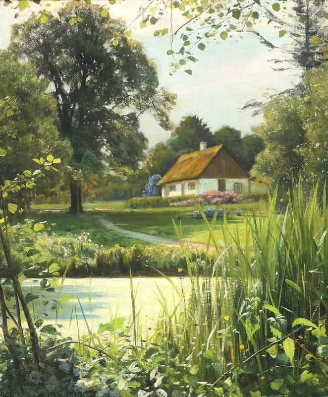 Monsted Peder Summer Landscape With A Thatched House At A Stream 1922 museum quality