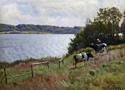 art oil painting reproduction of  Monsted Peder Summer Landscape With Cows museum quality handmade