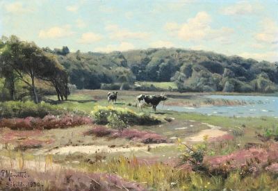 art oil painting reproduction of  Monsted Peder Summerlandscape With Cows Grazing 1930 museum quality handmade