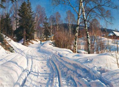 art oil painting reproduction of  Monsted Peder Sunlit Winter Landscape museum quality handmade