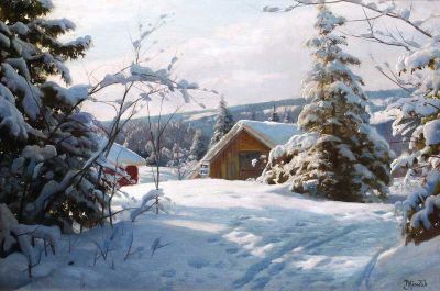 art oil painting reproduction of  Monsted Peder Sunlit Winter Landscape 1 museum quality handmade