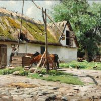 Monsted Peder Sunny Day From A Farmyard With Boy Pumping Water For The Cows 1904