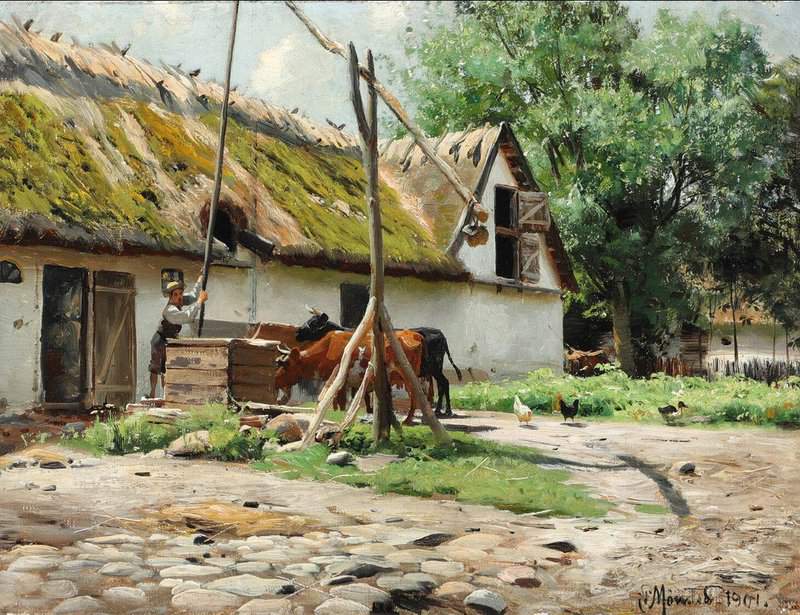 Monsted Peder Sunny Day From A Farmyard With Boy Pumping Water For The Cows 1904 museum quality