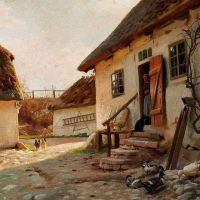 Monsted Peder Sunshine In The Yard. An Old Woman And Her Cat Standing In The Doorway 1918