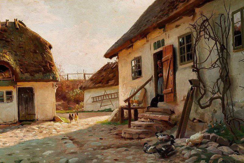 Monsted Peder Sunshine In The Yard. An Old Woman And Her Cat Standing In The Doorway 1918 museum quality