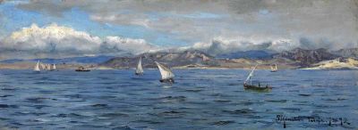 art oil painting reproduction of  Monsted Peder Tarifa. Segelschiffe Bei Gibraltar 1892 museum quality handmade