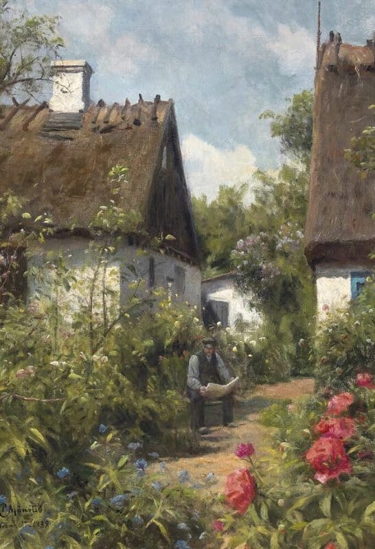 Monsted Peder Today S News Is Read In A Shady Spot In The Garden Between Two Thatched Wings 1939 museum quality