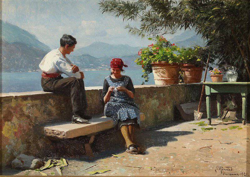 Monsted Peder Two Italians Enjoying The View Of Lake Come From Varenna 1921 museum quality