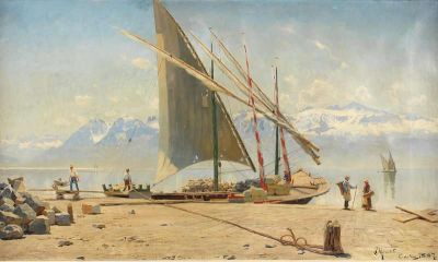 art oil painting reproduction of  Monsted Peder Unloading Stone From A Barge At Ouchy Lac Leman 1887 museum quality handmade