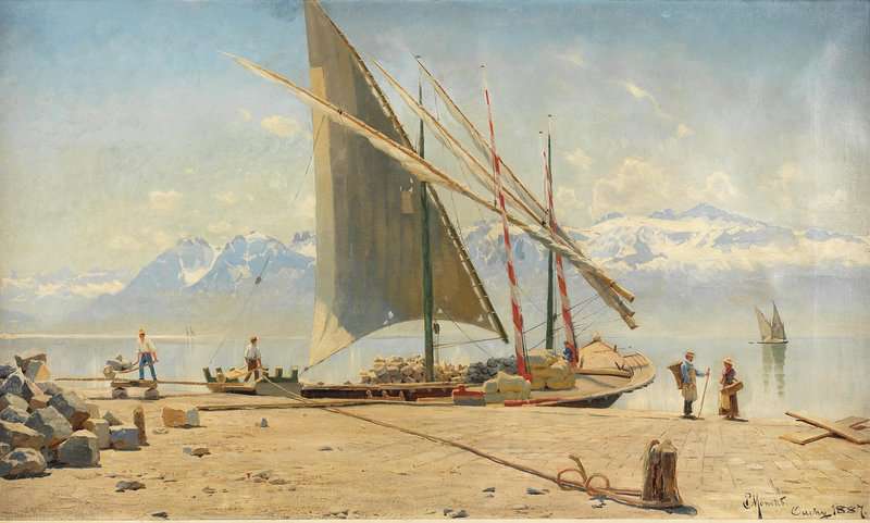Monsted Peder Unloading Stone From A Barge At Ouchy Lac Leman 1887 museum quality