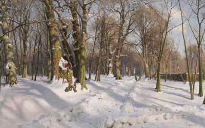 art oil painting reproduction of  Monsted Peder Verschneiter Waldweg Bei Sonnenlicht 1908 museum quality handmade