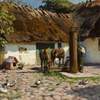 Monsted Peder View From A Courtyard With Horses Drinking Water From A Well 1923