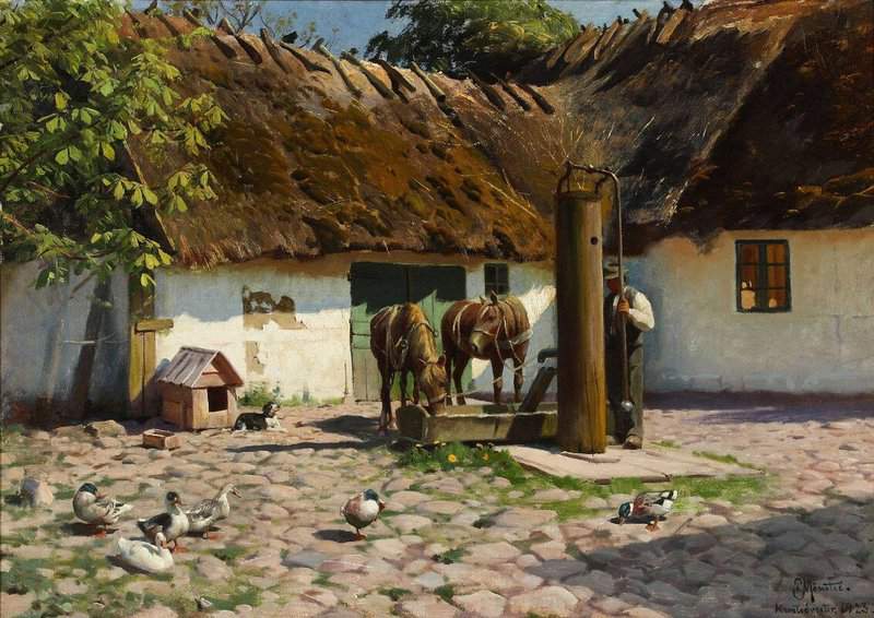 Monsted Peder View From A Courtyard With Horses Drinking Water From A Well 1923 museum quality