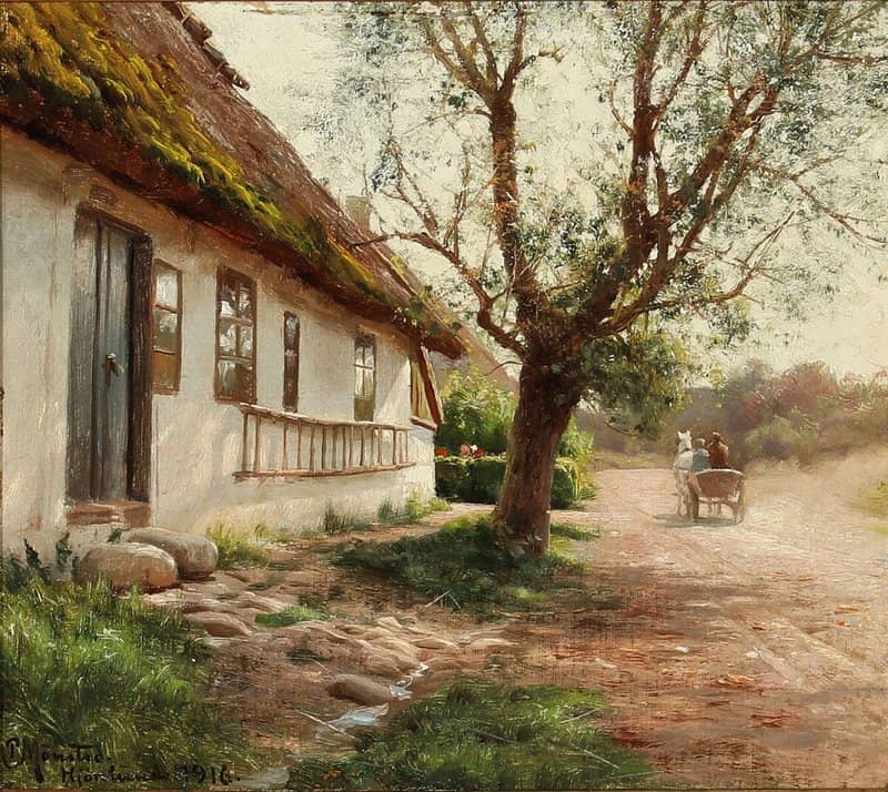 Monsted Peder View From A Village Street In Jorlunde With A Thatched Cottage 1916 museum quality