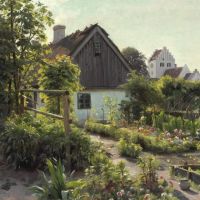 Monsted Peder View From Hjemb K In The Summertime With An Old Woman Watering Flowers 1924