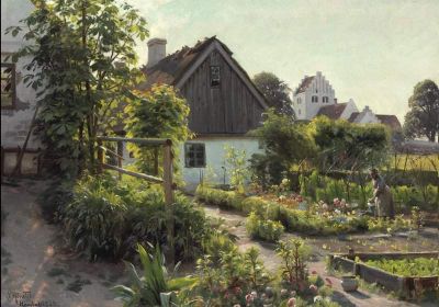 art oil painting reproduction of  Monsted Peder View From Hjemb K In The Summertime With An Old Woman Watering Flowers 1924 museum quality handmade