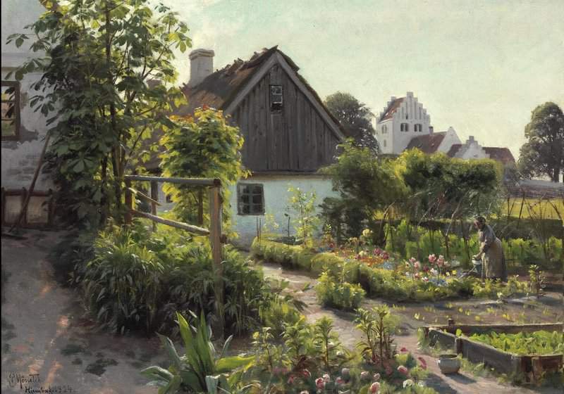 Monsted Peder View From Hjemb K In The Summertime With An Old Woman Watering Flowers 1924 museum quality