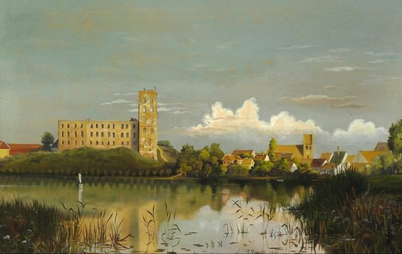 Monsted Peder View From Kolding Lake Towards Koldinghus 1880 museum quality