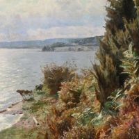 Monsted Peder View From Silkeborg With Two Cows At The Water S Edge 1934