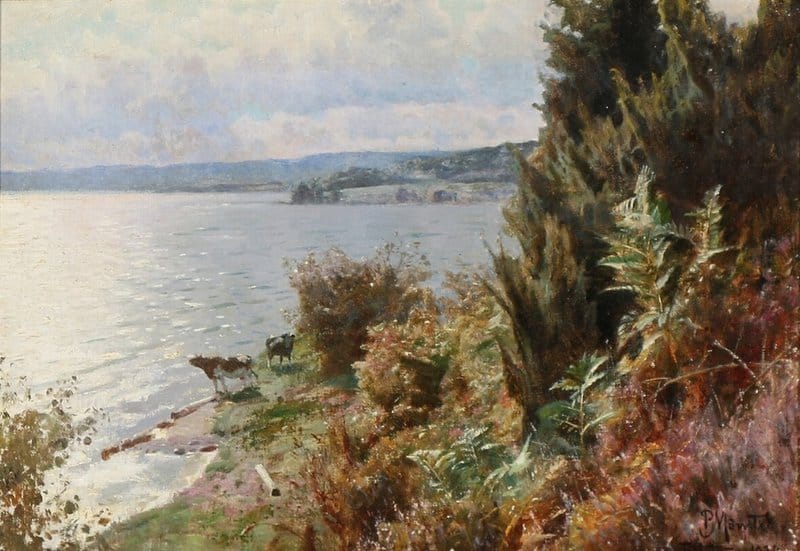 Monsted Peder View From Silkeborg With Two Cows At The Water S Edge 1934 museum quality