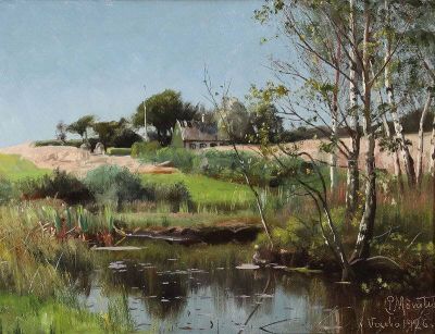 art oil painting reproduction of  Monsted Peder View From Vexebo With A Thatched Cottage Near A Duck Pond 1926 museum quality handmade