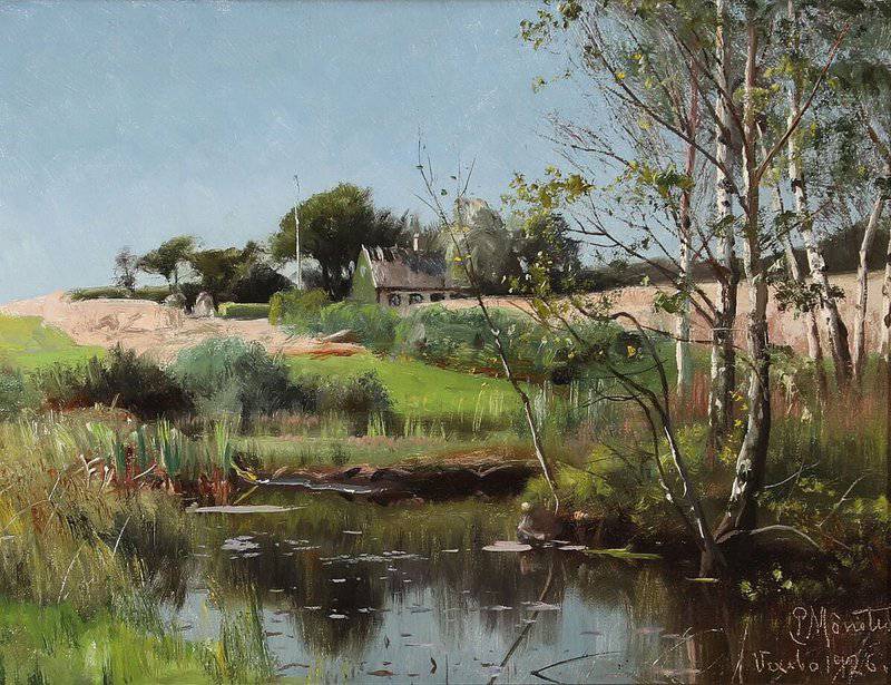Monsted Peder View From Vexebo With A Thatched Cottage Near A Duck Pond 1926 museum quality