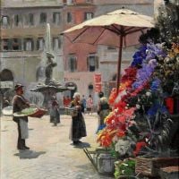 Monsted Peder View Of Piazza Barberini In Rome With A Flower Stand And The Triton Fountain 1928