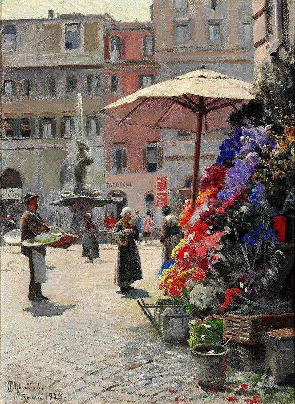 Monsted Peder View Of Piazza Barberini In Rome With A Flower Stand And The Triton Fountain 1928 museum quality