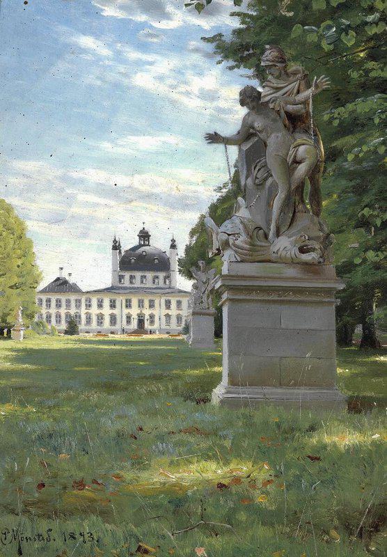 Monsted Peder View Of The Park At Fredensborg Castle With One Of Wiedewelt S Sculptures In The Foreground And The Castle In The Background 1893 museum quality