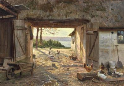 art oil painting reproduction of  Monsted Peder View Towards Lake Esrum From The Courtyard Of A Thatched Farmhouse 1937 museum quality handmade