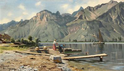 art oil painting reproduction of  Monsted Peder Washerwomen On The Shore Of Lake Geneva 1889 museum quality handmade