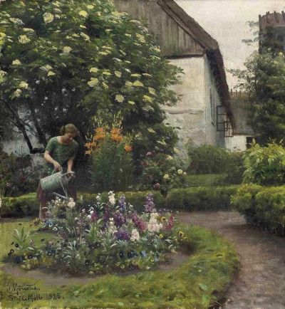 art oil painting reproduction of  Monsted Peder Watering The Garden 1925 museum quality handmade
