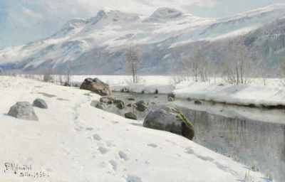 art oil painting reproduction of  Monsted Peder Winter Day With Snowy Mountains Sila museum quality handmade