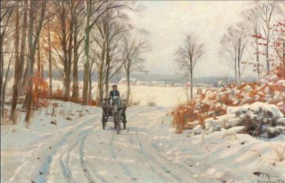 art oil painting reproduction of  Monsted Peder Winter Forest With Horse Carriage 1932 museum quality handmade