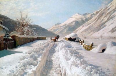art oil painting reproduction of  Monsted Peder Winter In Ponte-campovasto Switzerland museum quality handmade