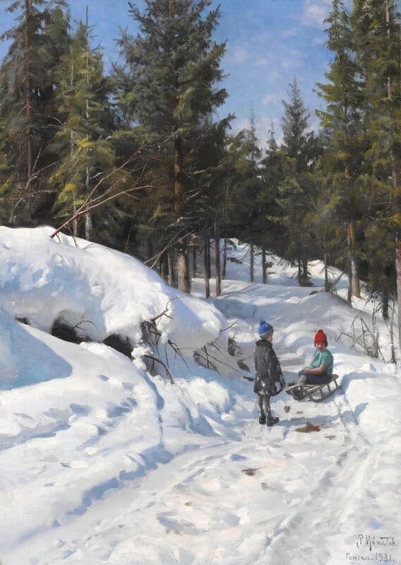 Monsted Peder Winter Landscape From Fagernes In Norway With Children Sledging museum quality