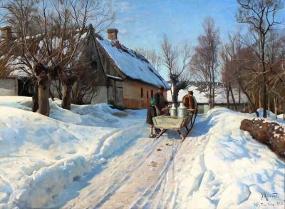 art oil painting reproduction of  Monsted Peder Winter Landscape With A Milkman In Hoje Taastrup museum quality handmade