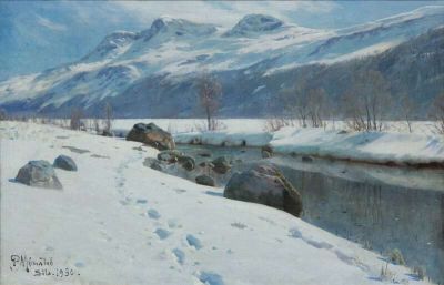 art oil painting reproduction of  Monsted Peder Winter S Day At Sils 1930 museum quality handmade