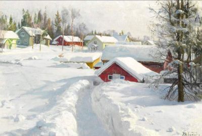 art oil painting reproduction of  Monsted Peder Winter With Fresh Snow 1936 museum quality handmade