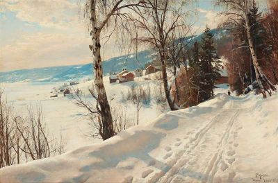 art oil painting reproduction of  Monsted Peder Winterscene From Vignaes 1916 museum quality handmade