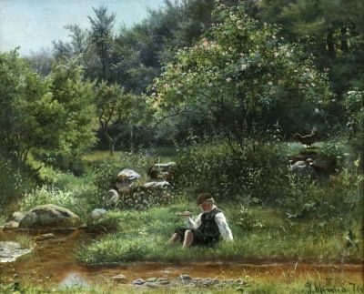 art oil painting reproduction of  Monsted Peder Young Boy Fishing By Stream 1876 museum quality handmade