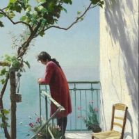 Monsted Peder Young Woman In Red Standing On A Sunny Balcony In The Shadow Of Vine