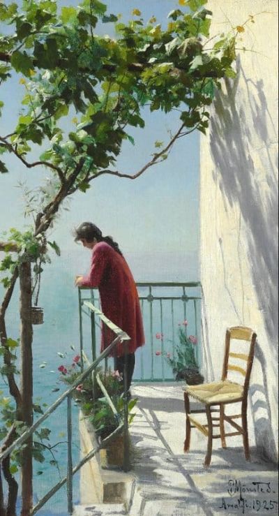art oil painting reproduction of  Monsted Peder Young Woman In Red Standing On A Sunny Balcony In The Shadow Of Vine museum quality handmade