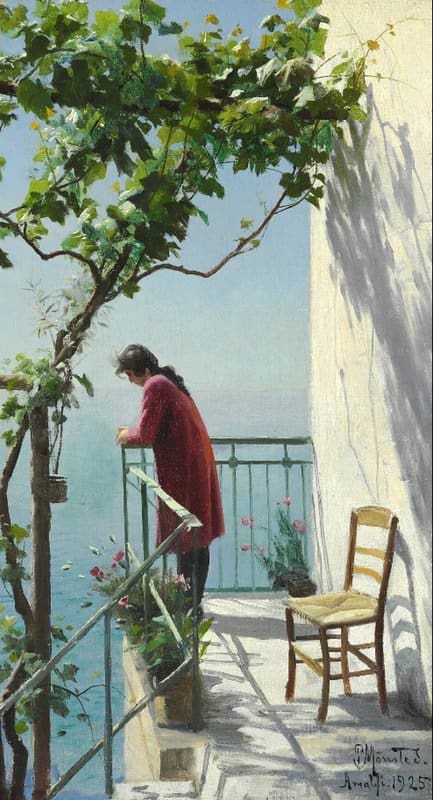 Monsted Peder Young Woman In Red Standing On A Sunny Balcony In The Shadow Of Vine museum quality