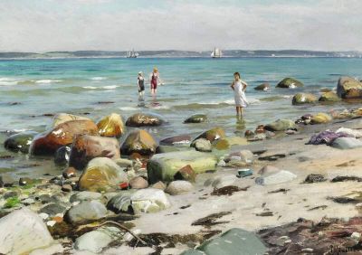 art oil painting reproduction of  Monsted Peder Young Women Bathing At The Beach At Alsgarde 1921 museum quality handmade