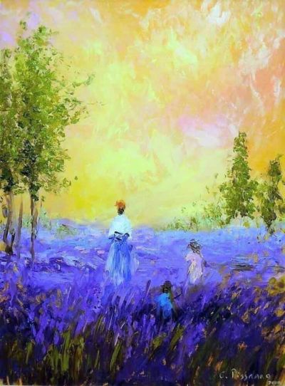 art oil painting reproduction of  Pissarro - Mother And Child In The Fields Of Lavender 1860 By Camille Pissarro museum quality handmade