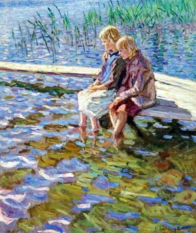 art oil painting reproduction of  Nikolay Bogdanov-belsky Two Girls On A Footbridge museum quality handmade