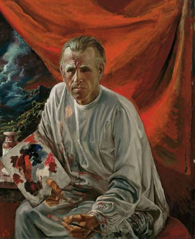 art oil painting reproduction of  Otto Dix Self-portrait With A Palette In Front Of A Red Curtain museum quality handmade